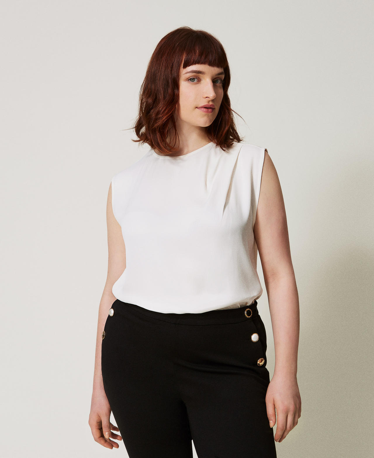 Twinset Tops - Top en satin brillant avec plis, Nacre, Taille: 40