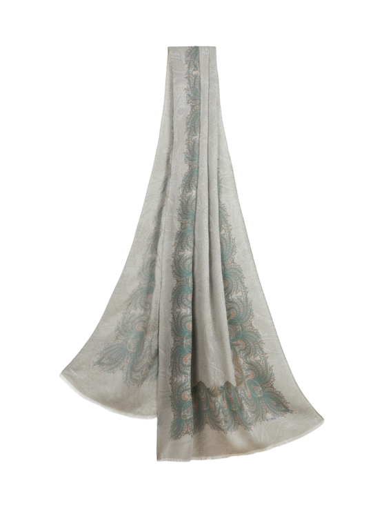 Etro, Écharpe À Motif Feuillage Sur Les Bords, Femme, Bleu