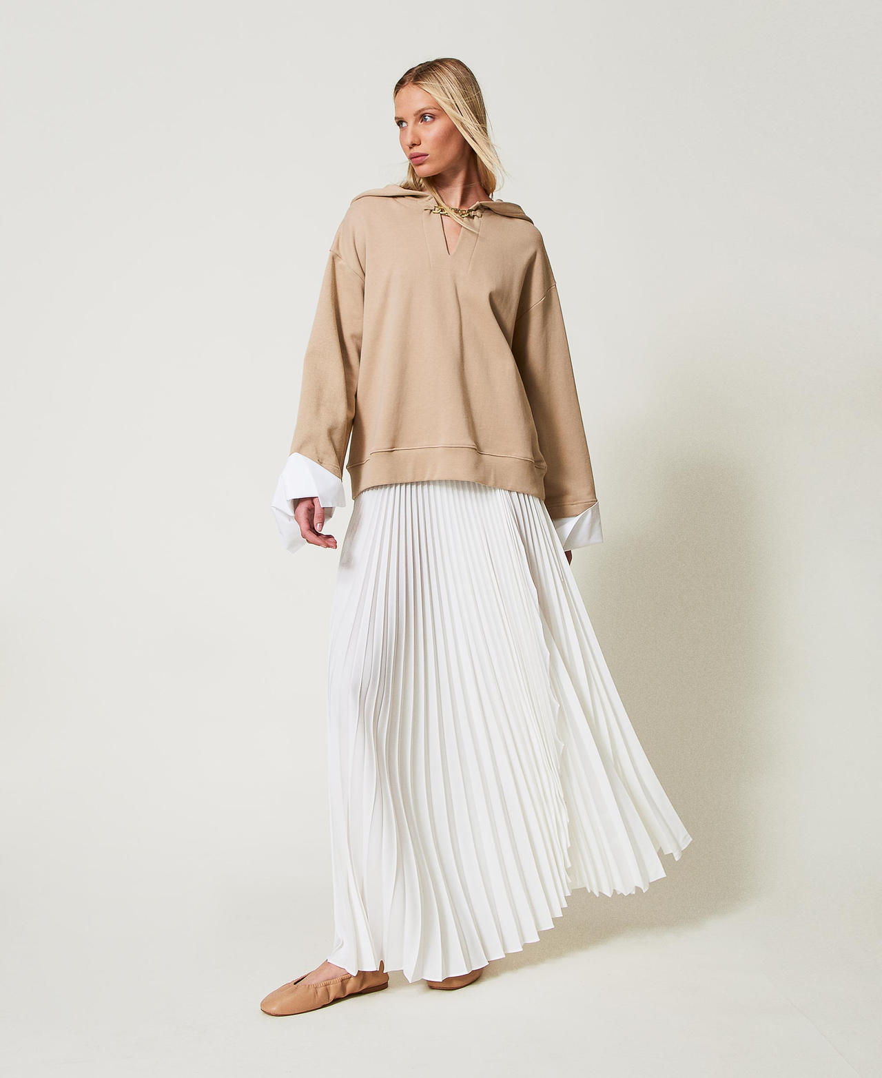Twinset Jupes - Jupe longue en crêpe de Chine plissé, Nacre, Taille: 40