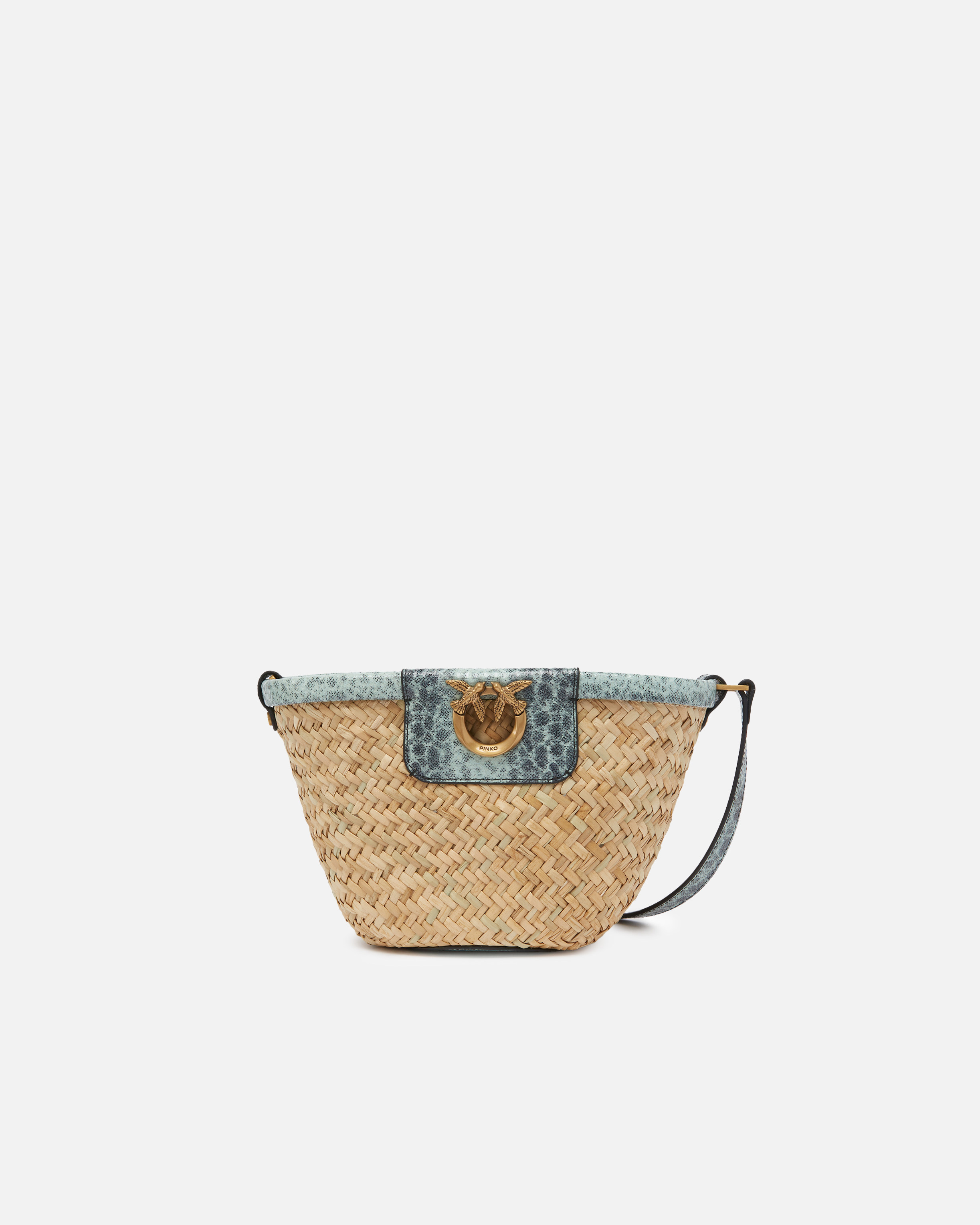 Pinko, Petit sac seau en raphia tressé et en cuir, Éclaboussure de vague-or antique, U