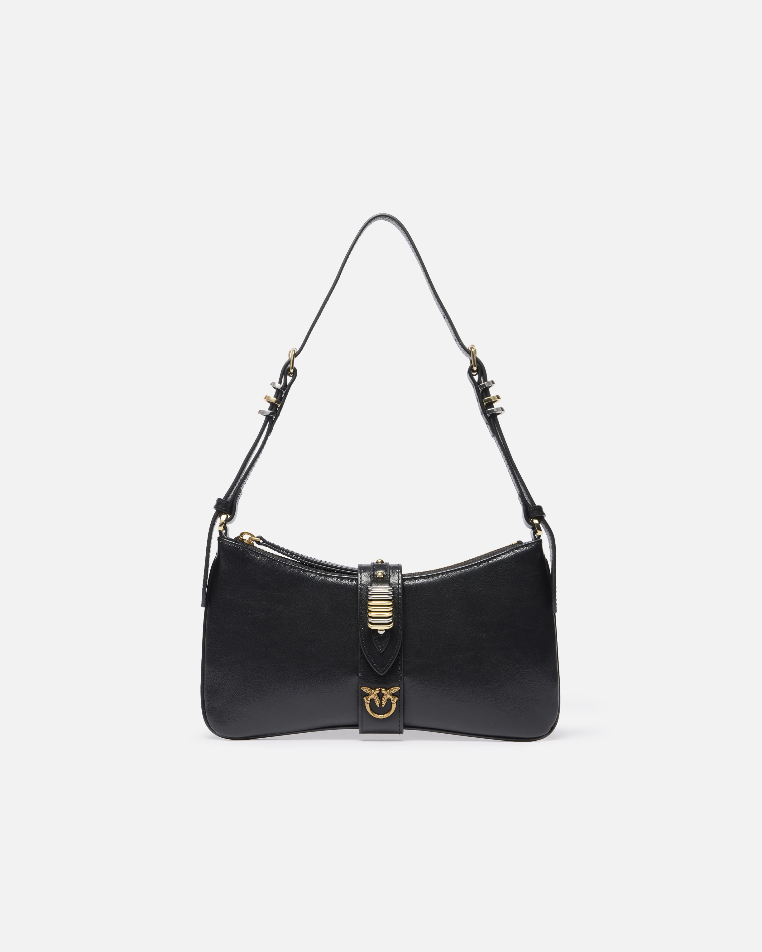 Pinko, Sac porté épaule en cuir brillant à anneaux, Noir limousine, U