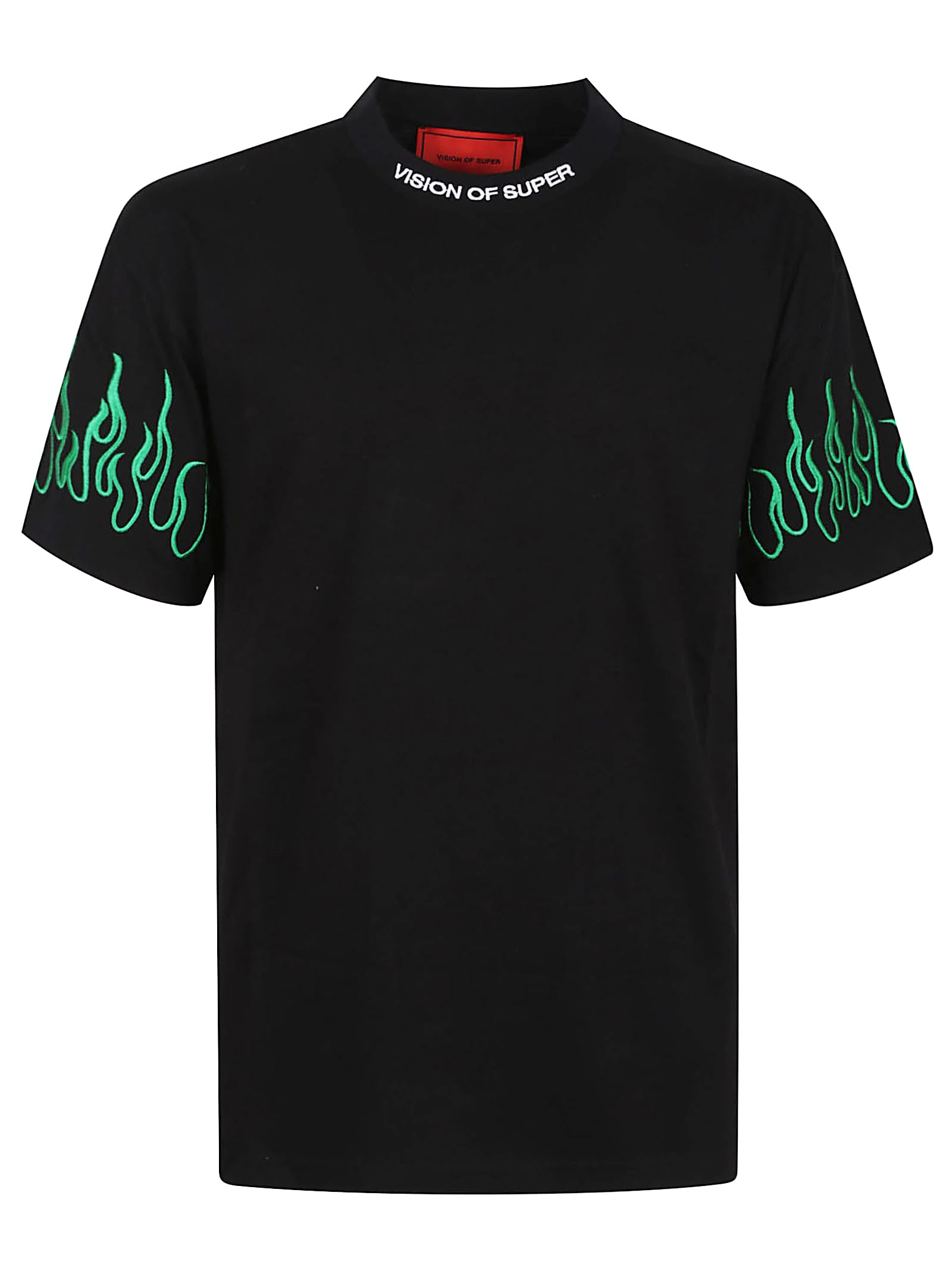 Vision of Super Black T-shirt With Embroidered Green Flames And White Logo