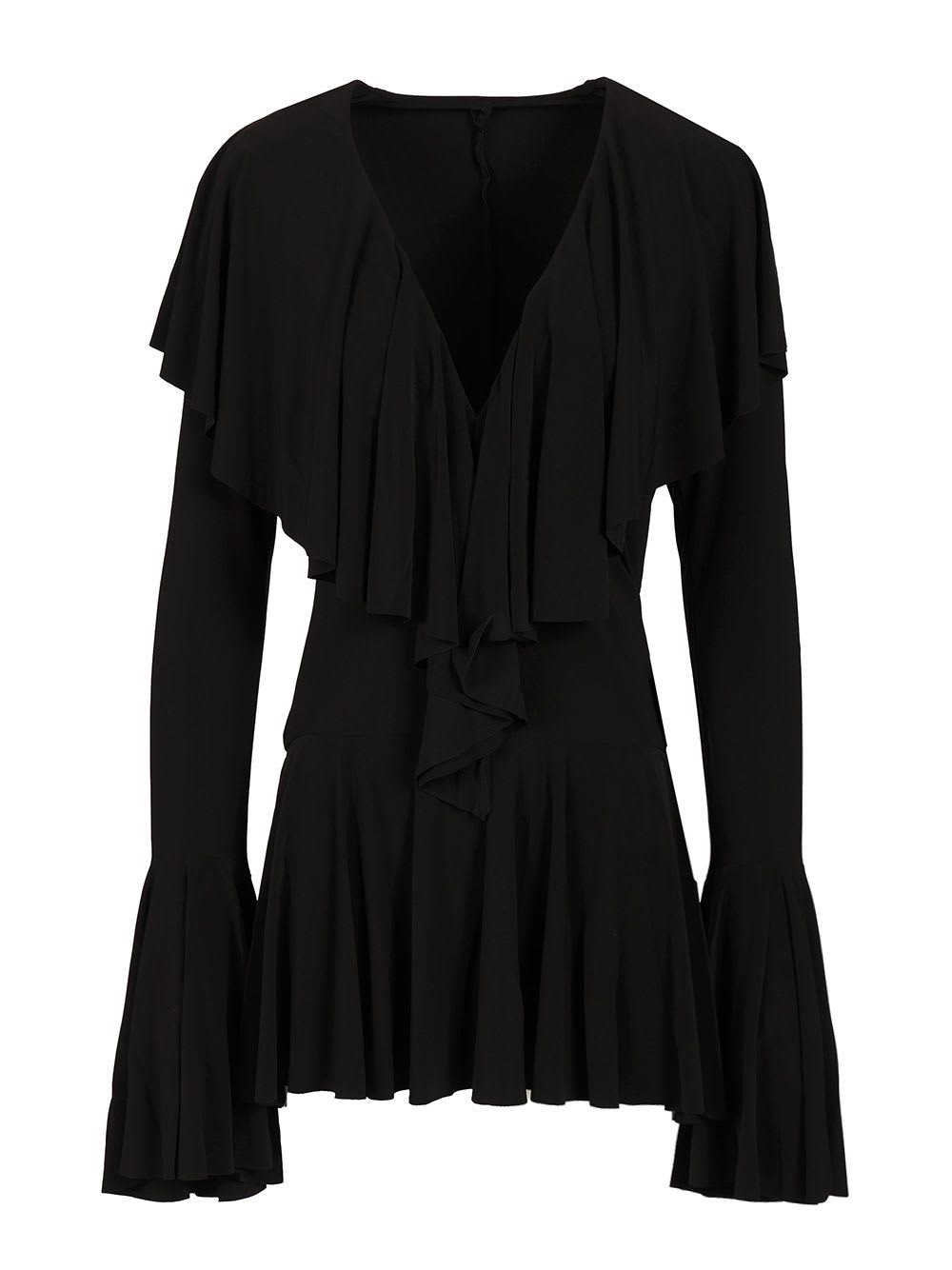 Norma Kamali Long Sleeve Deep V Ruffle Mini Dress