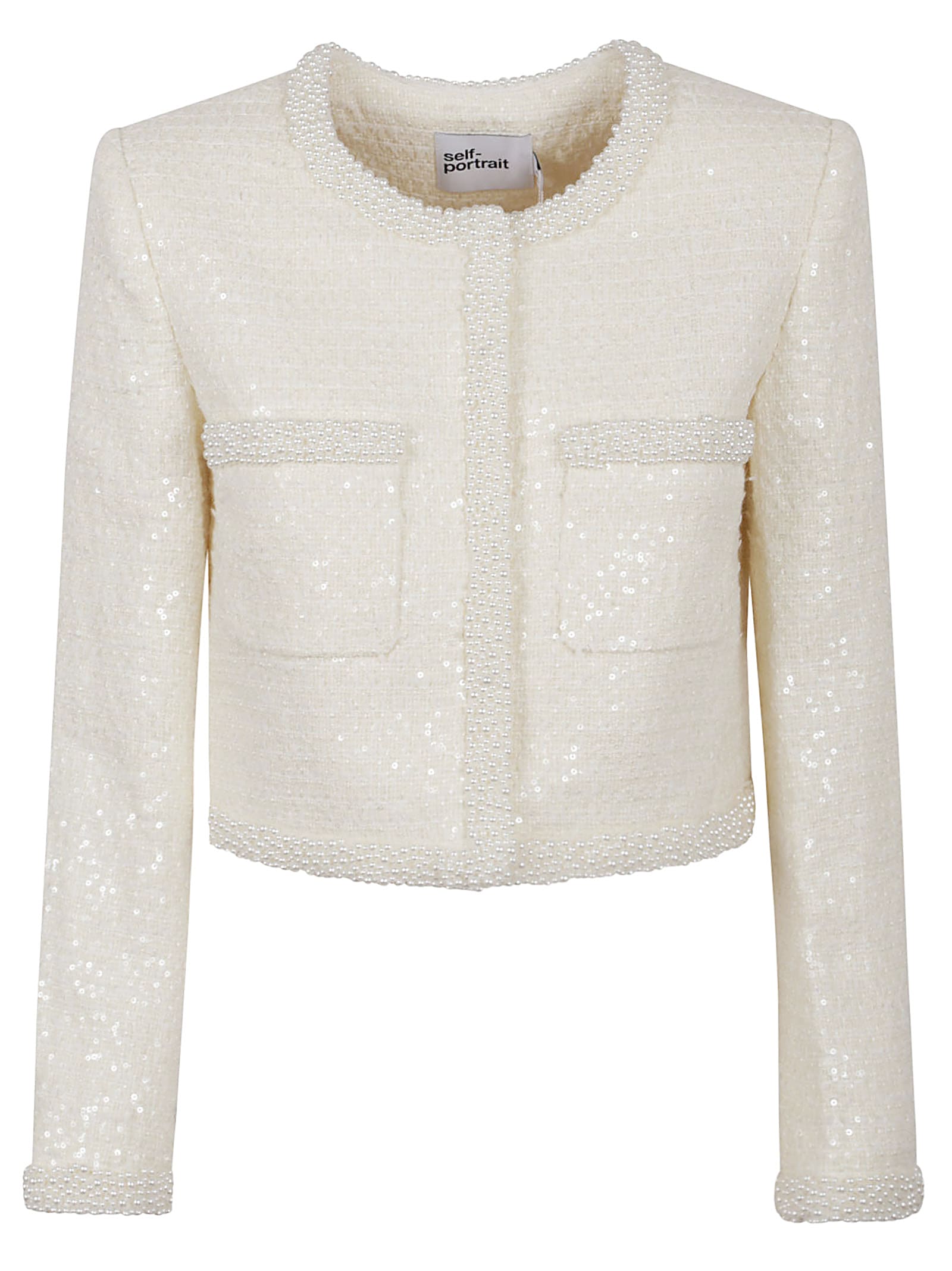self-portrait Cream Boucle Pearl Trim Jacket