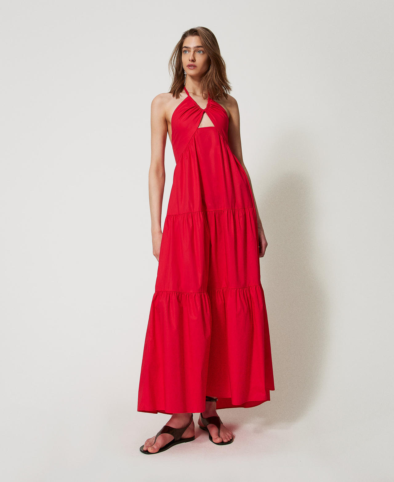 Twinset Robes - Robe longue en popeline avec volants, Hibiscus Red, Coton, Taille: 38
