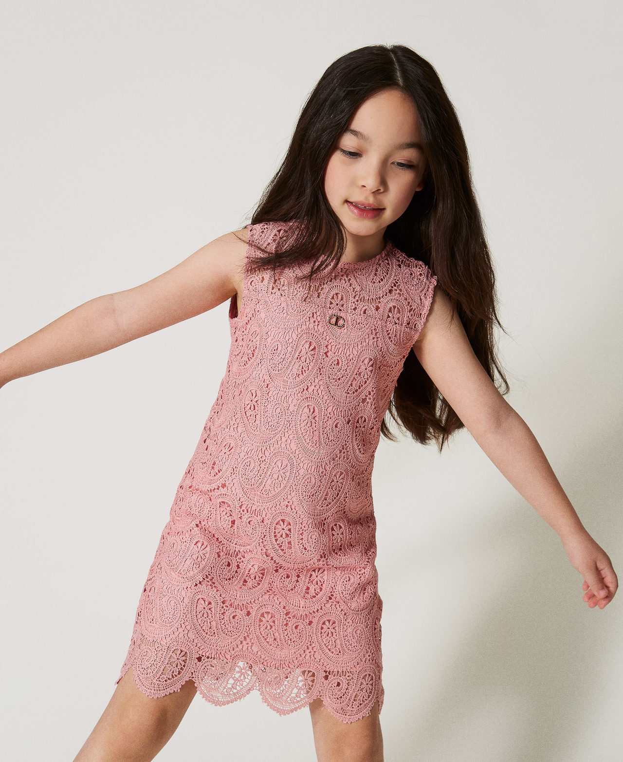 Twinset Robes - Robe courte ajustée en dentelle macramé, Sweet Rose, Taille: 10A