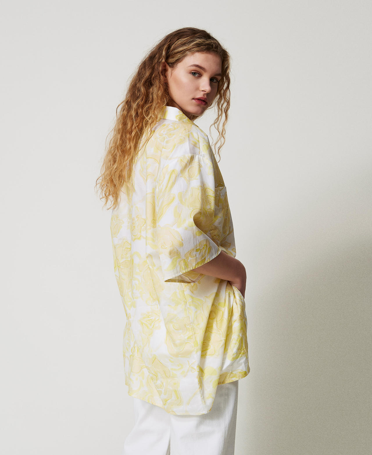 Twinset Chemises - Chemise en mousseline avec roses imprimées, Yellow Pear Roses, À fleurs, Taille: XL