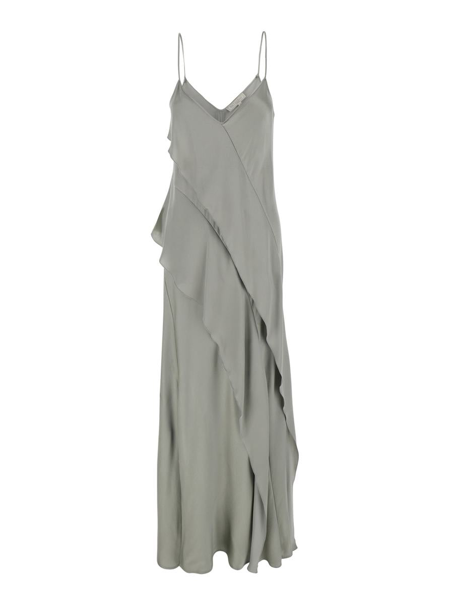 'Luisiana' Gray Dress With Spaghetti Straps And Front Ruffle In Satin Woman