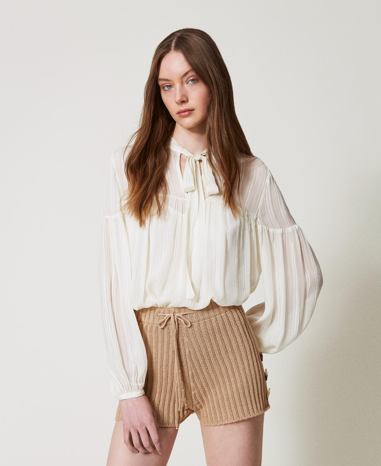 Twinset Blouses - Blouse jacquard à rayures, Blanc Neige, Taille: 38