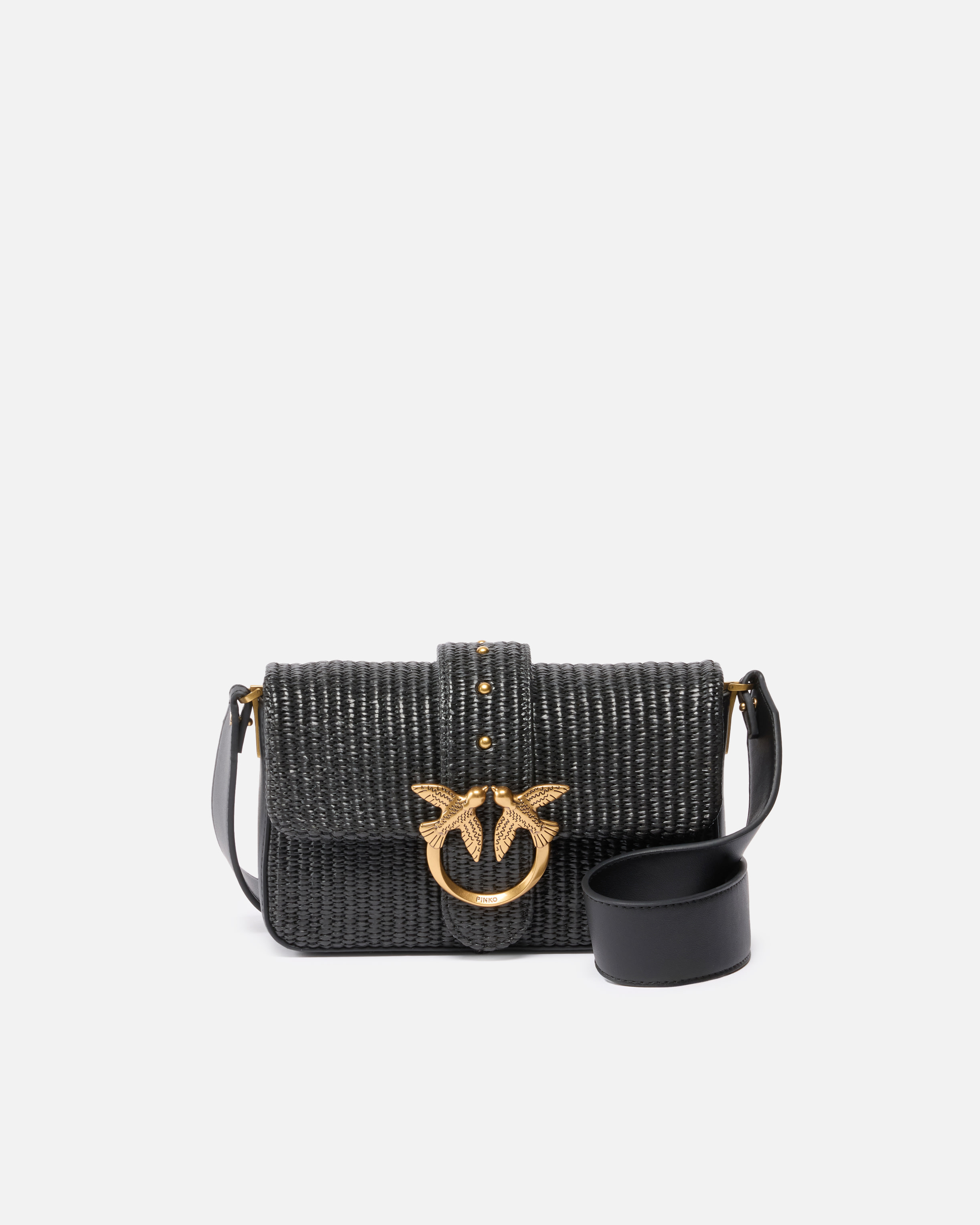 Pinko, Petit sac porté épaule Mini Love Bag Slouchy en raphia à double bandoulière, Noir-vieil or, U