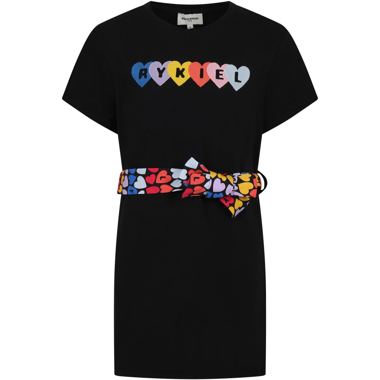Rykiel Enfant Black Dress For Girl With Multicolor Belt And Logo