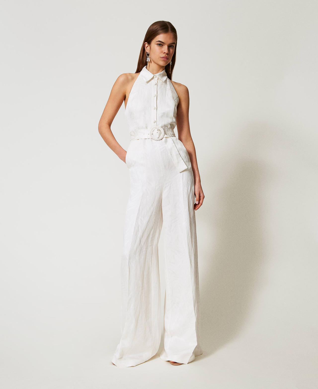 Twinset Robes - Combinaison longue en satin jacquard, Blanc Neige, Taille: 40