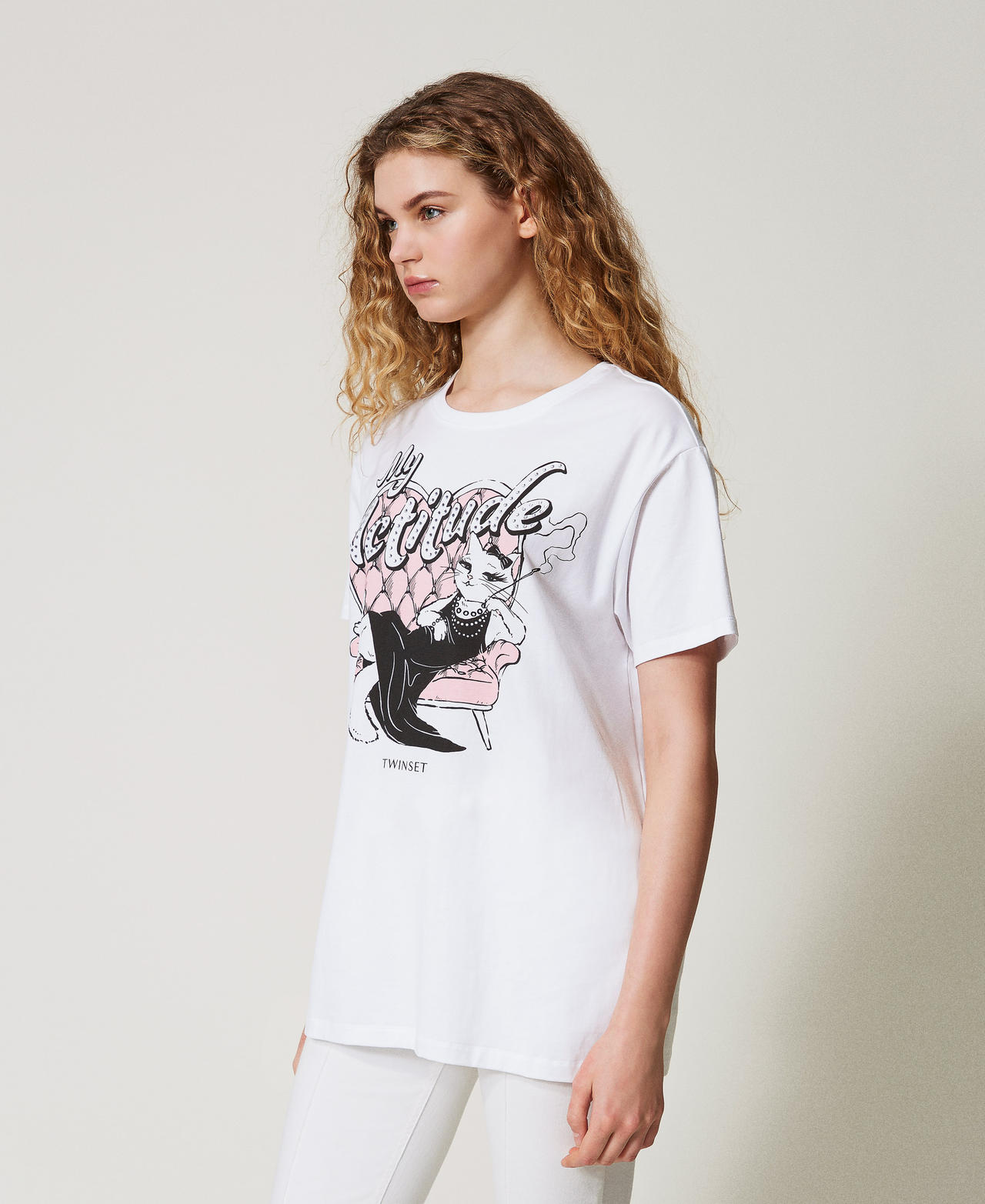 Twinset T-shirts - T-shirt oversize avec imprimé et strass, Papers/Imprimé Actitude Chat, Coton, Taille: XL