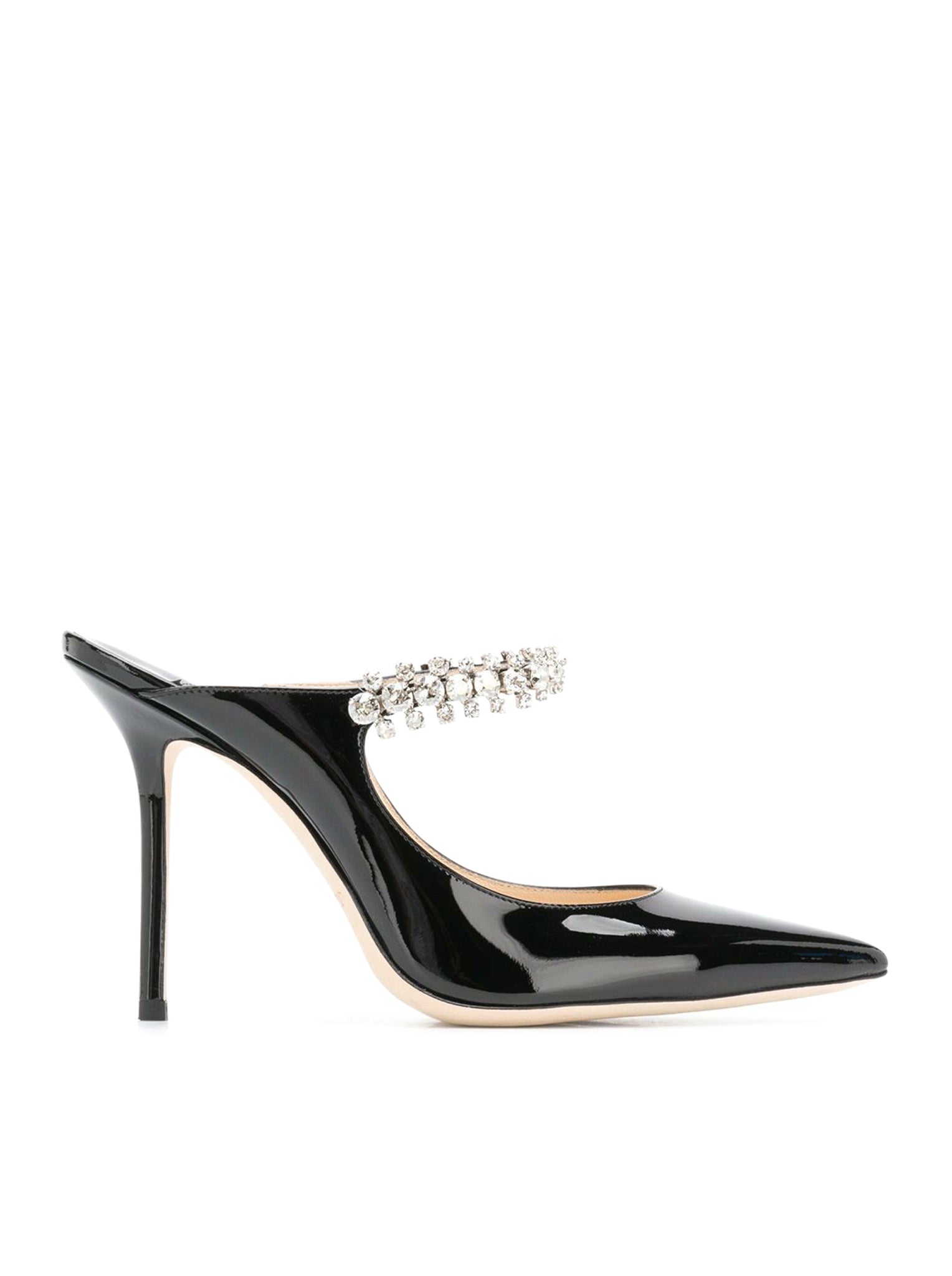 Jimmy Choo BING 100 黑色漆皮穆勒鞋 水晶装饰带 女款