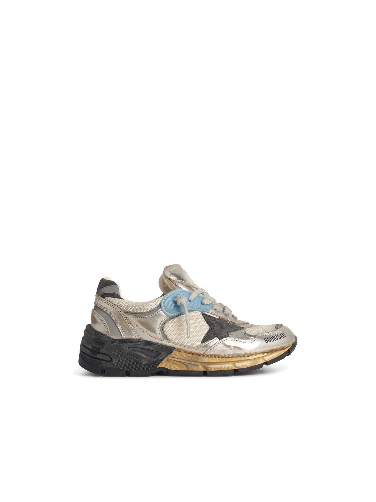 Golden Goose Dad-star Woman In Mesh And Silver Laminated Leather With Black Suede Star