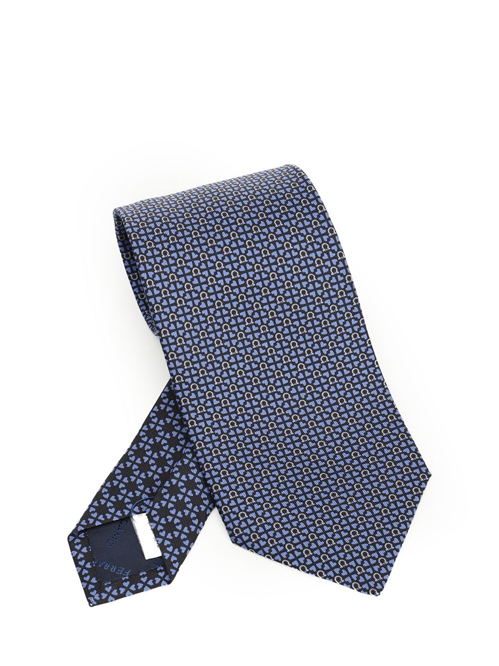Ferragamo Silk Tie With Gancini And Hearts Print