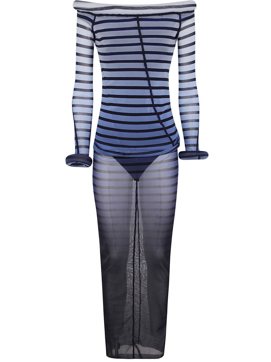 Jean Paul Gaultier Mesh Boat Neck Long Dress With 3D Collar And Cuff Clothing