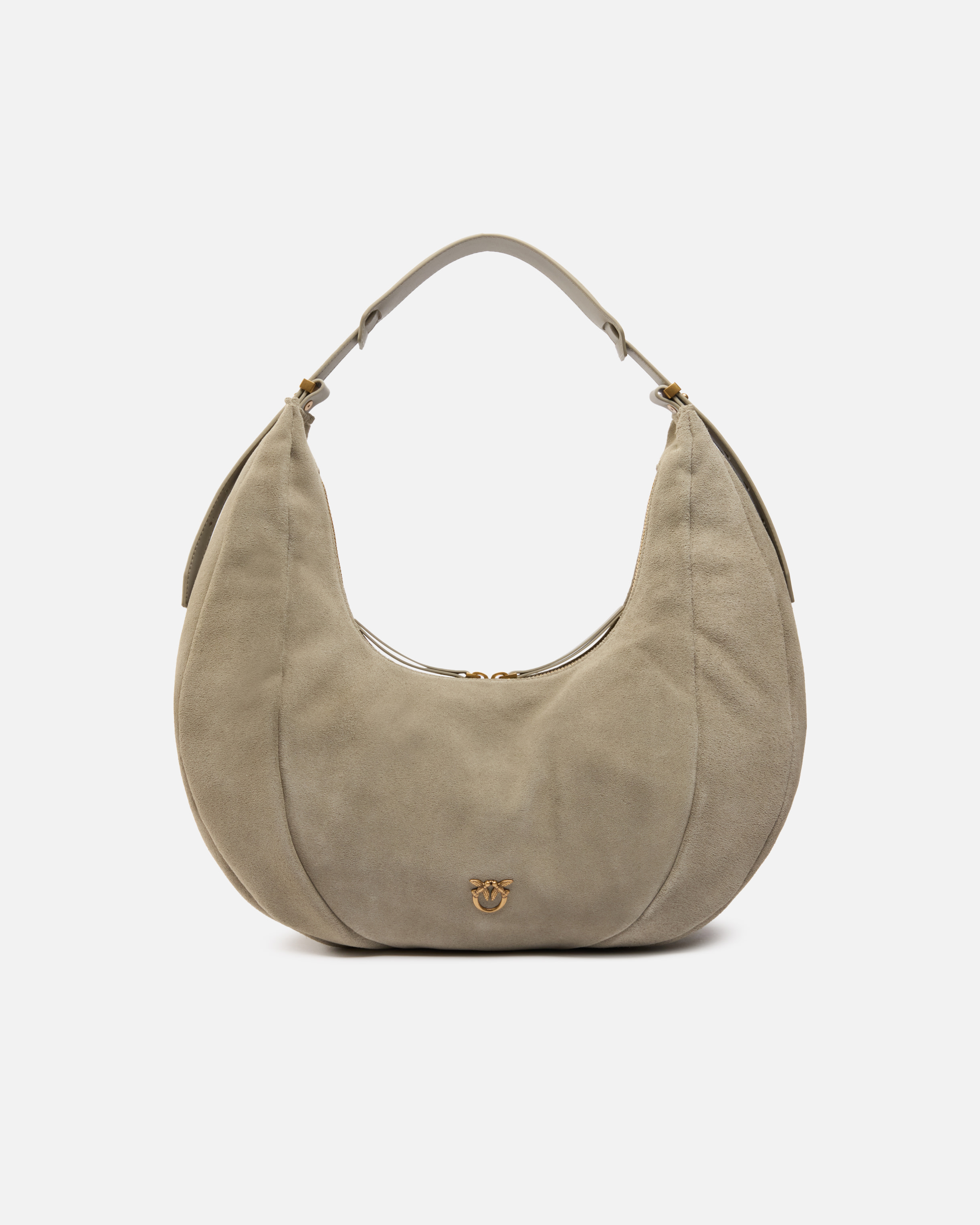 Pinko, Large suede Hobo shoulder bag with leather handle, Beige aluminium-antique gold, U