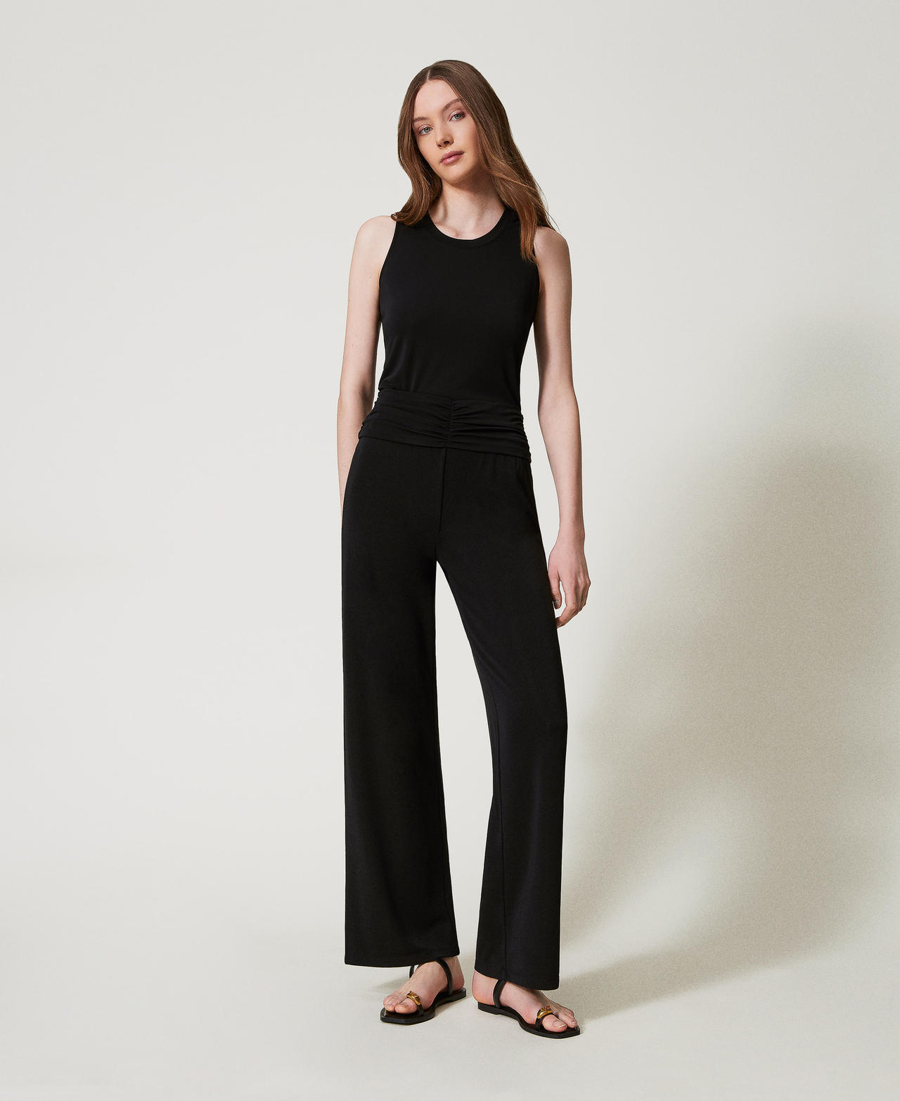 Twinset Plage - Pantalon palazzo avec drapé, Noir, Jersey, Taille: L