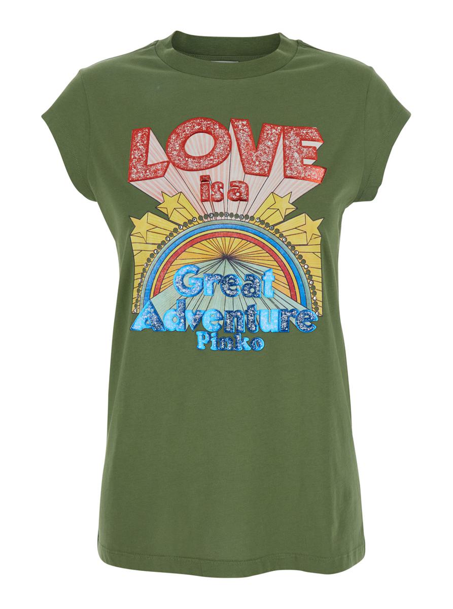 Green T-Shirt With Graphic Print On The Front In Cotton Woman