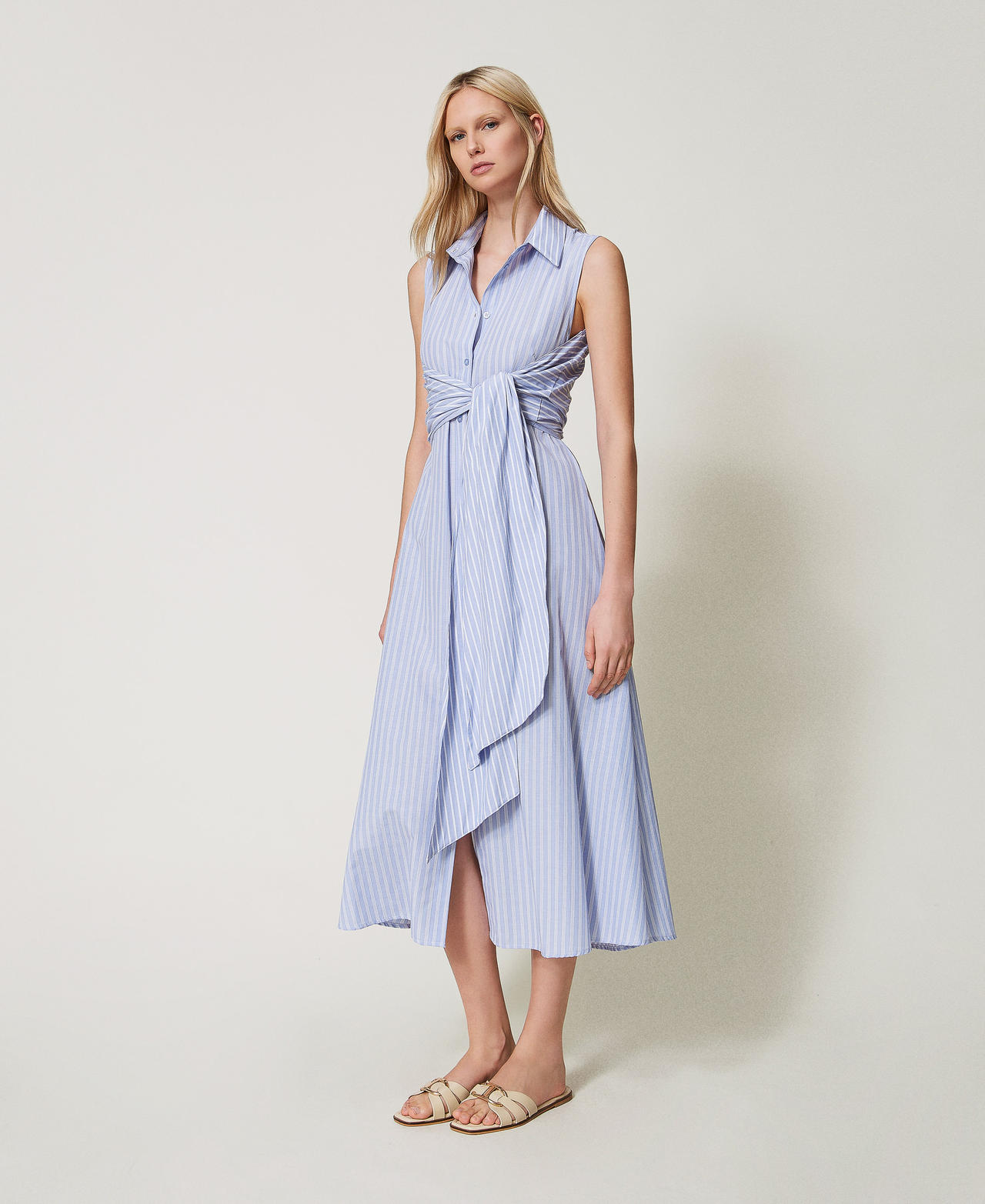 Twinset Robes - Robe longue à rayures avec naud, Mélange Triple Rayure Bâton, Taille: 38