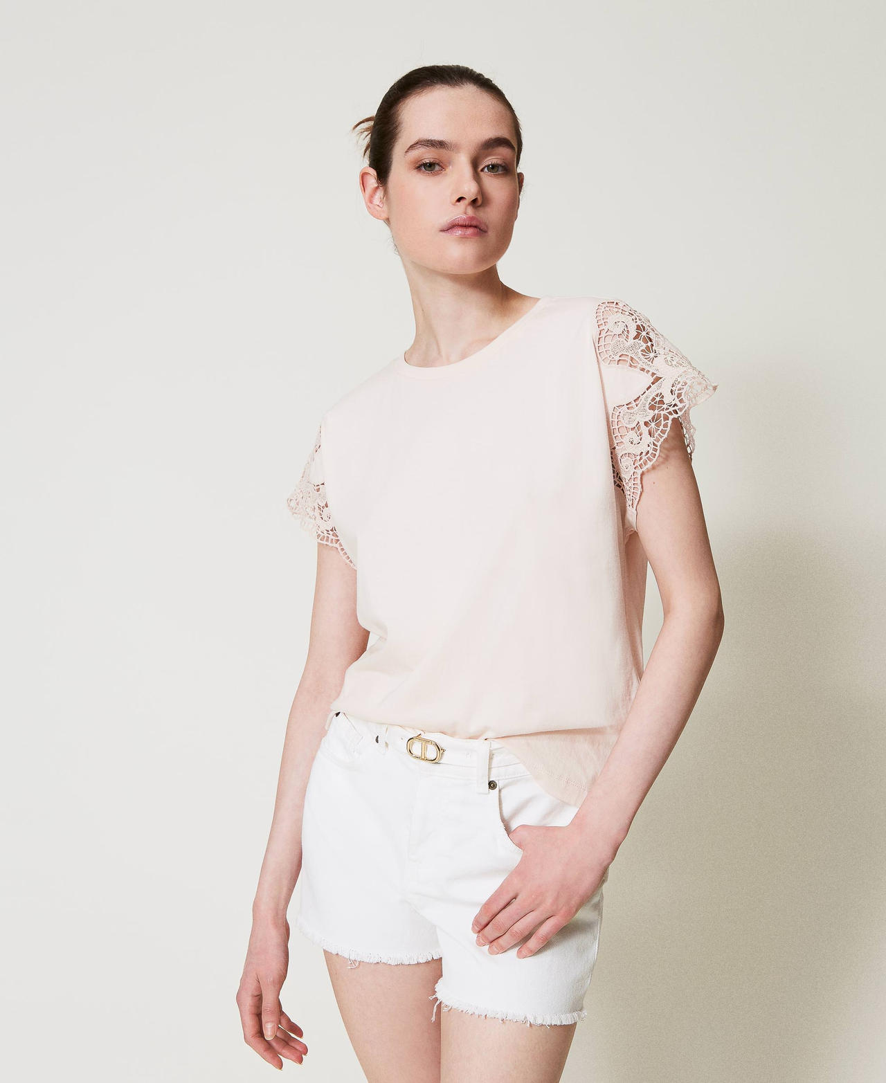 Twinset T-shirts - T-shirt regular avec dentelle, Fairy Rose, Taille: M