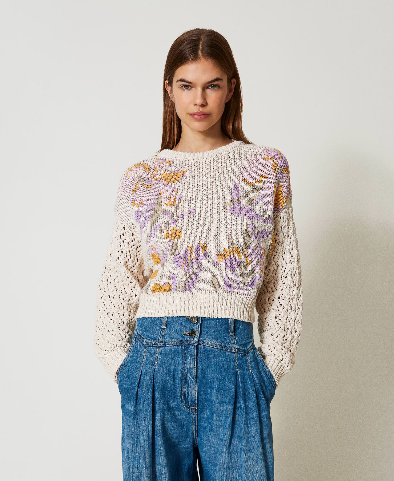 Twinset Pulls - Pull jacquard floral, Jacquard Fleurs Neige, Taille: L