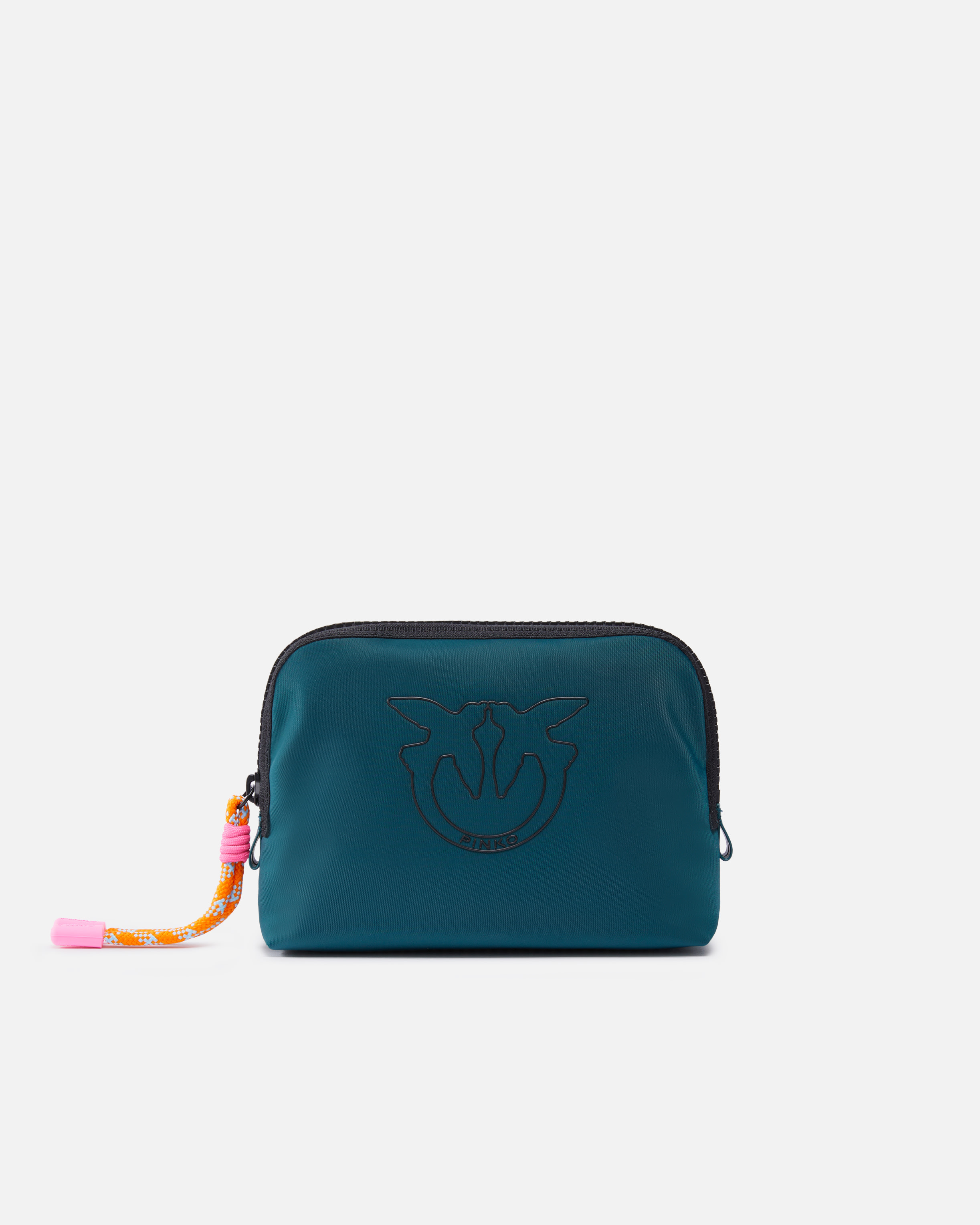 Pinko, Petite trousse en tissu recyclé à logo, Teal blue-block color, U