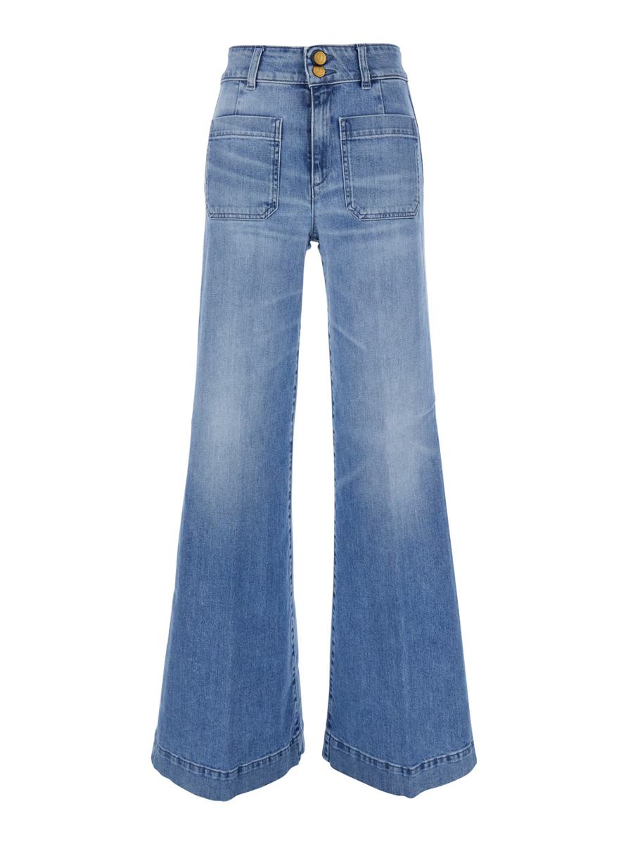 'Jane' Blue Trousers With Front Pockets And Washed Effect In Cotton Woman