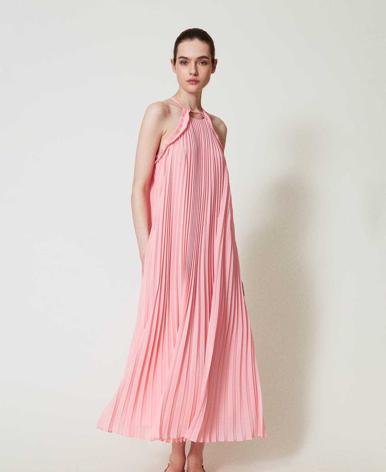 Twinset Robes - Robe longue en crêpe georgette avec ceinture, Peach, Plissé, Taille: 38