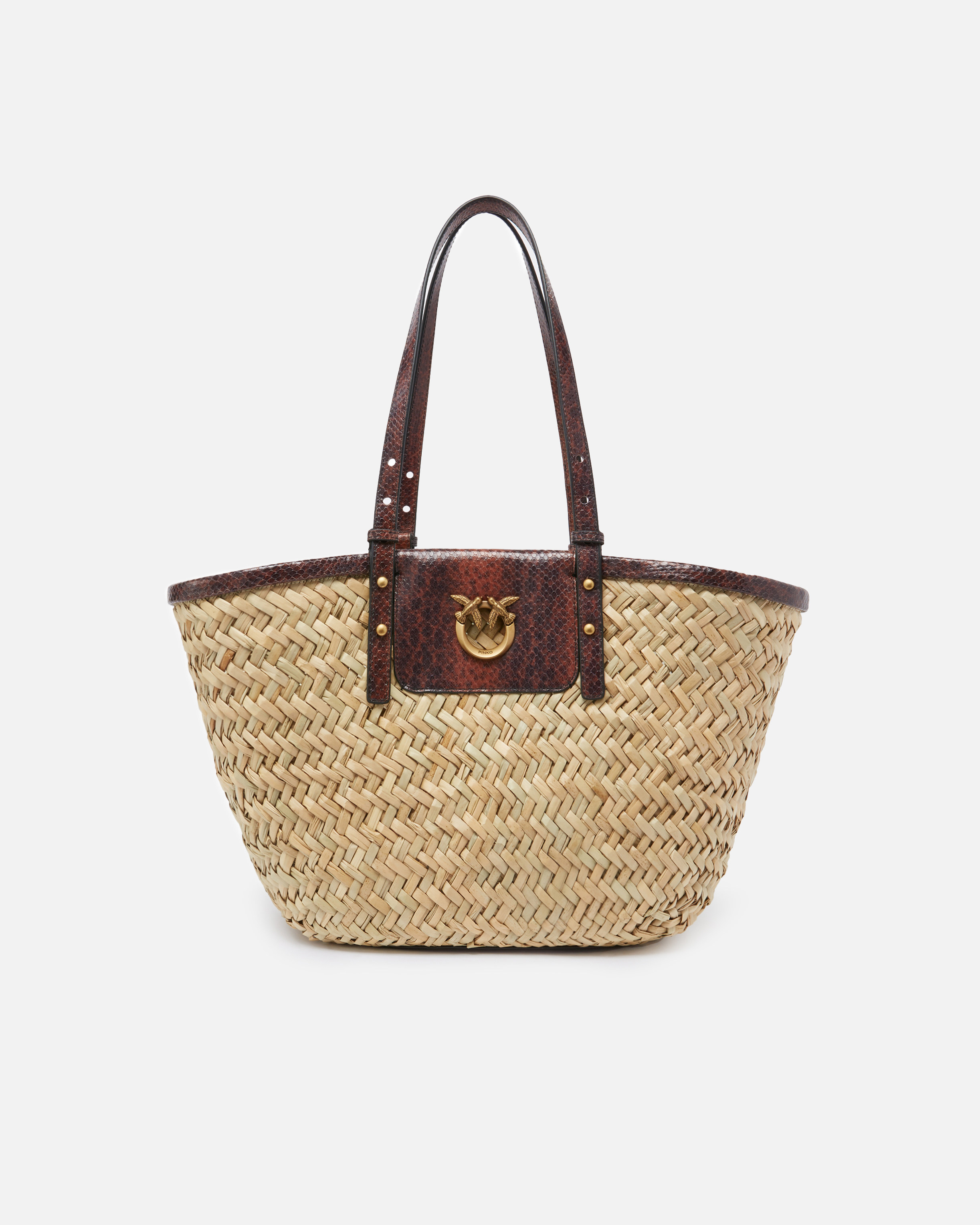 Pinko, Sac en raphia avec finitions en cuir embossé reptile, Arabe-or antique, U