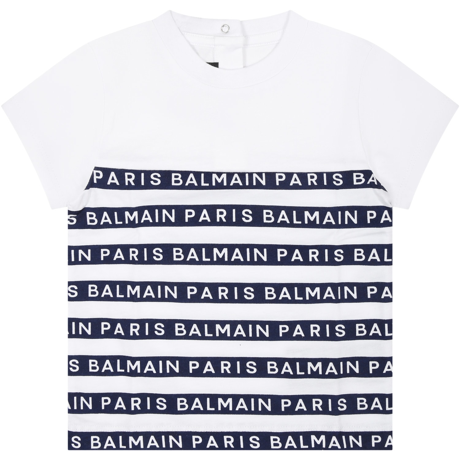 Balmain White T-shirt For Baby Boy With Blue Stripes And Logo