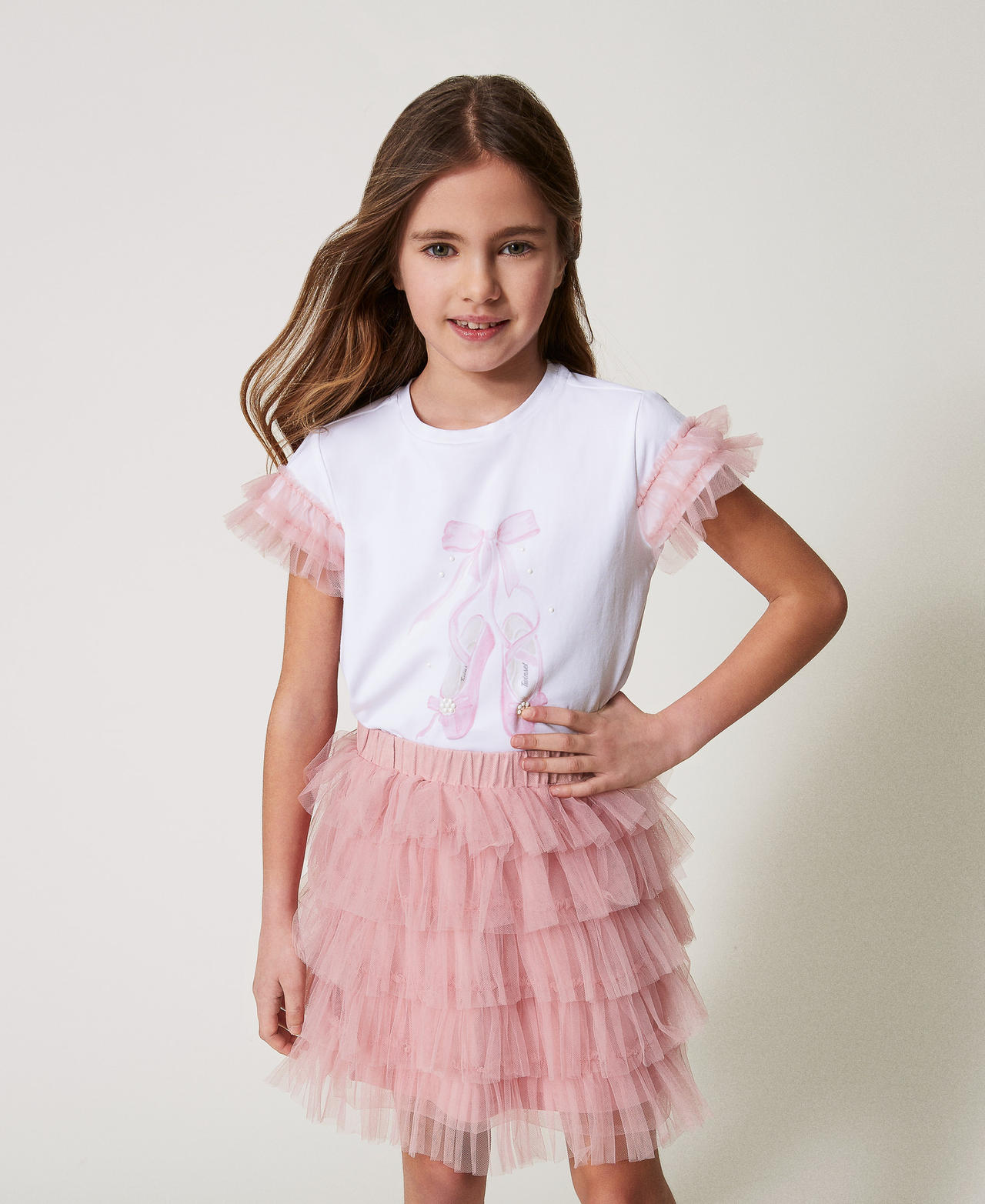 Twinset T-shirts - T-shirt avec imprimé et jupe en tulle, Bicolore Ice/Sweet Rose, Taille: 18M