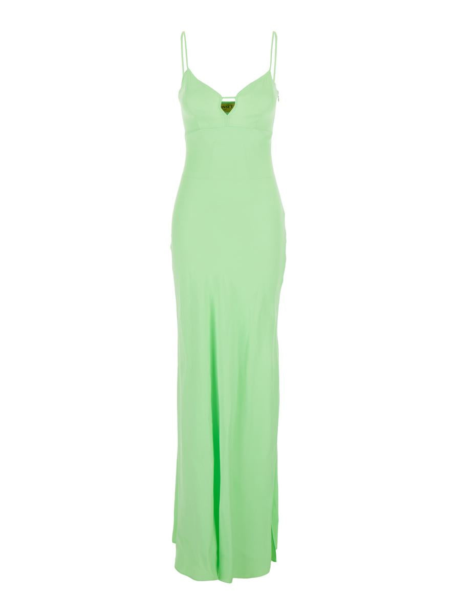 Green Long Dress With Thin Shoulder Straps And Metallic Logo Plaque On The Back In Tech Fabric Woman