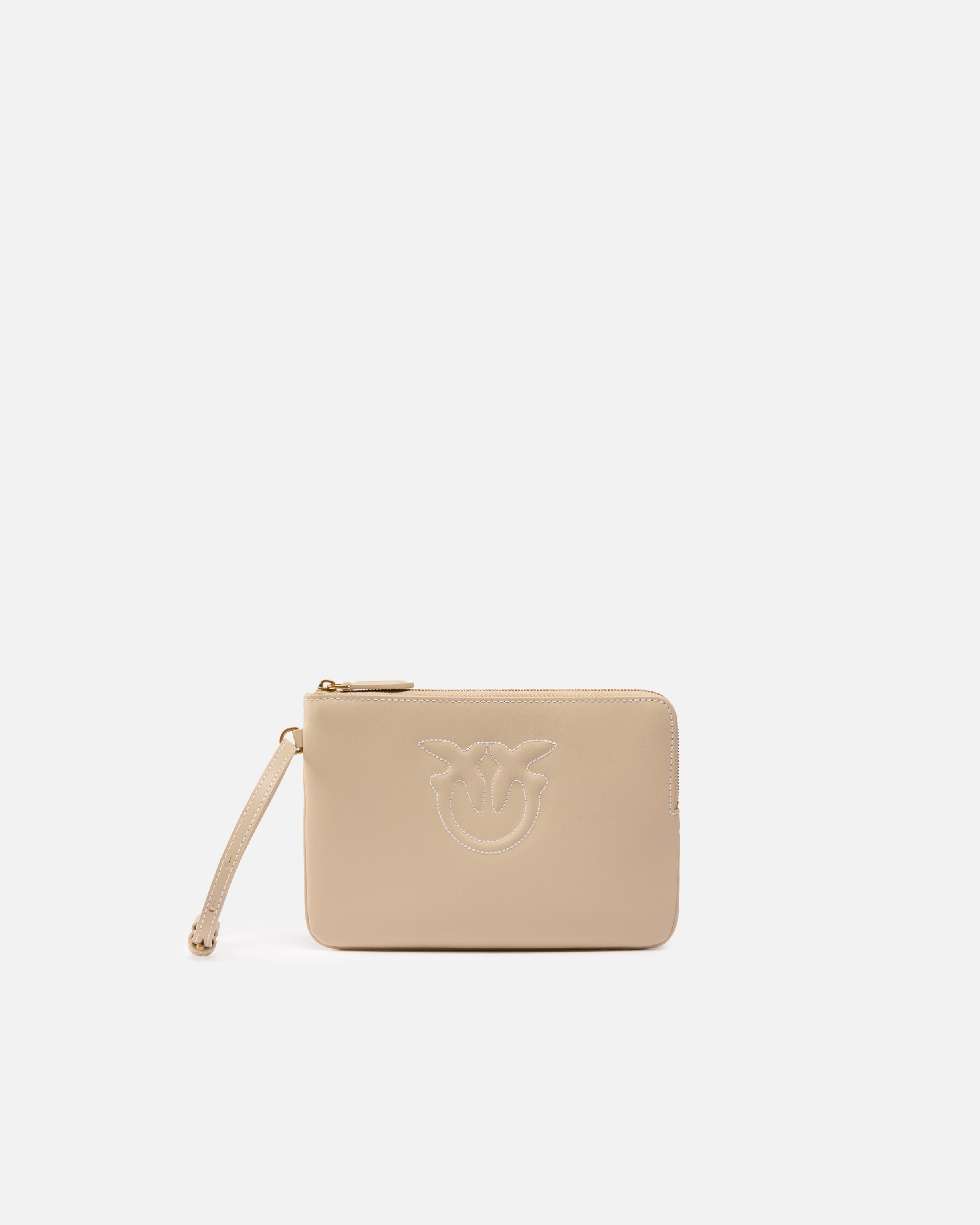 Pinko, Pochette en cuir à porter au poignet avec logo Love Birds, Beige-gris fumée-or antique, U