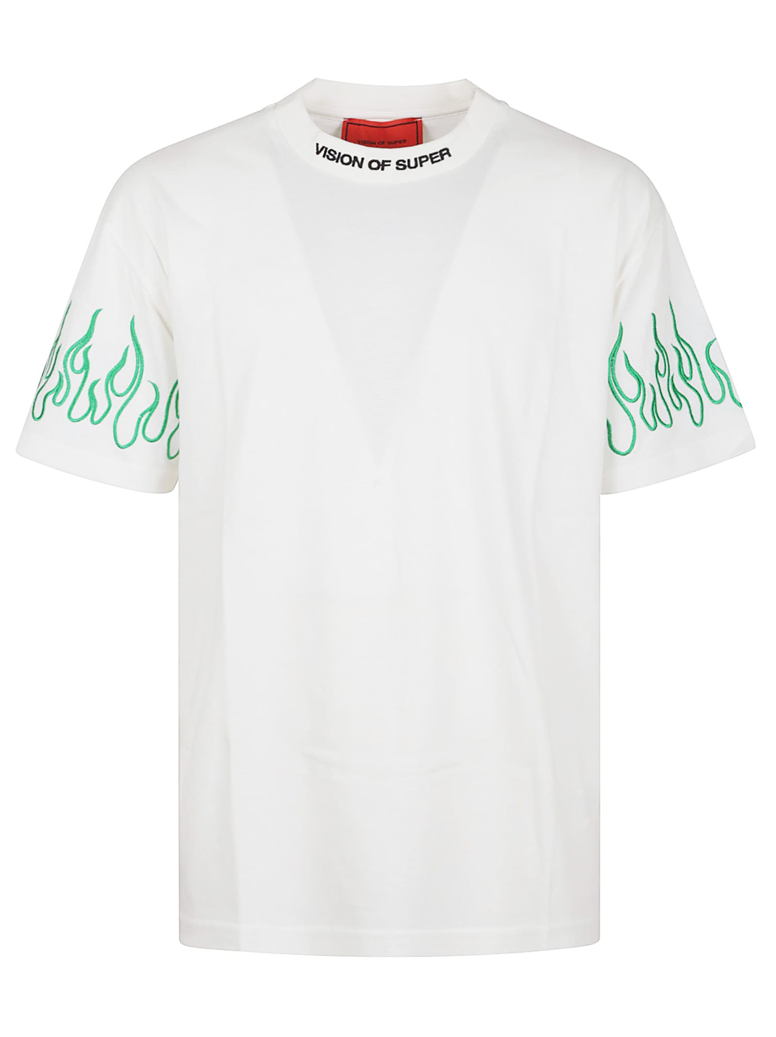 Vision of Super Off White T-shirt With Embroidered Green Flames And Black Logo
