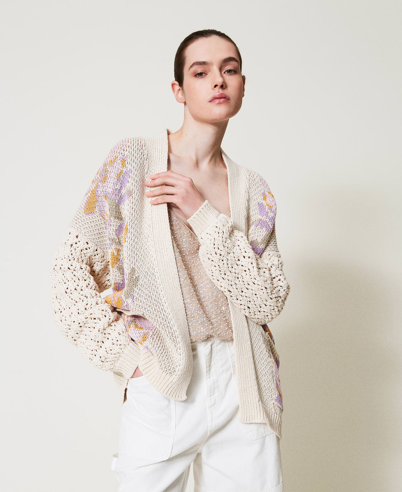 Twinset Cardigans - Cardigan en maille jacquard florale, Jacquard Fleurs Neige, Taille: XS