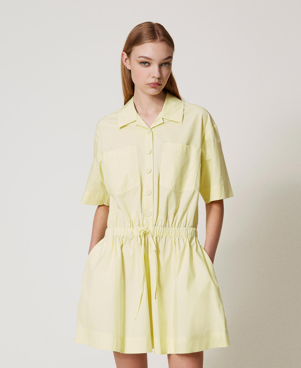 Twinset Robes - Robe courte en popeline avec cordon de serrage, Yellow Pear, Coton, Taille: XL