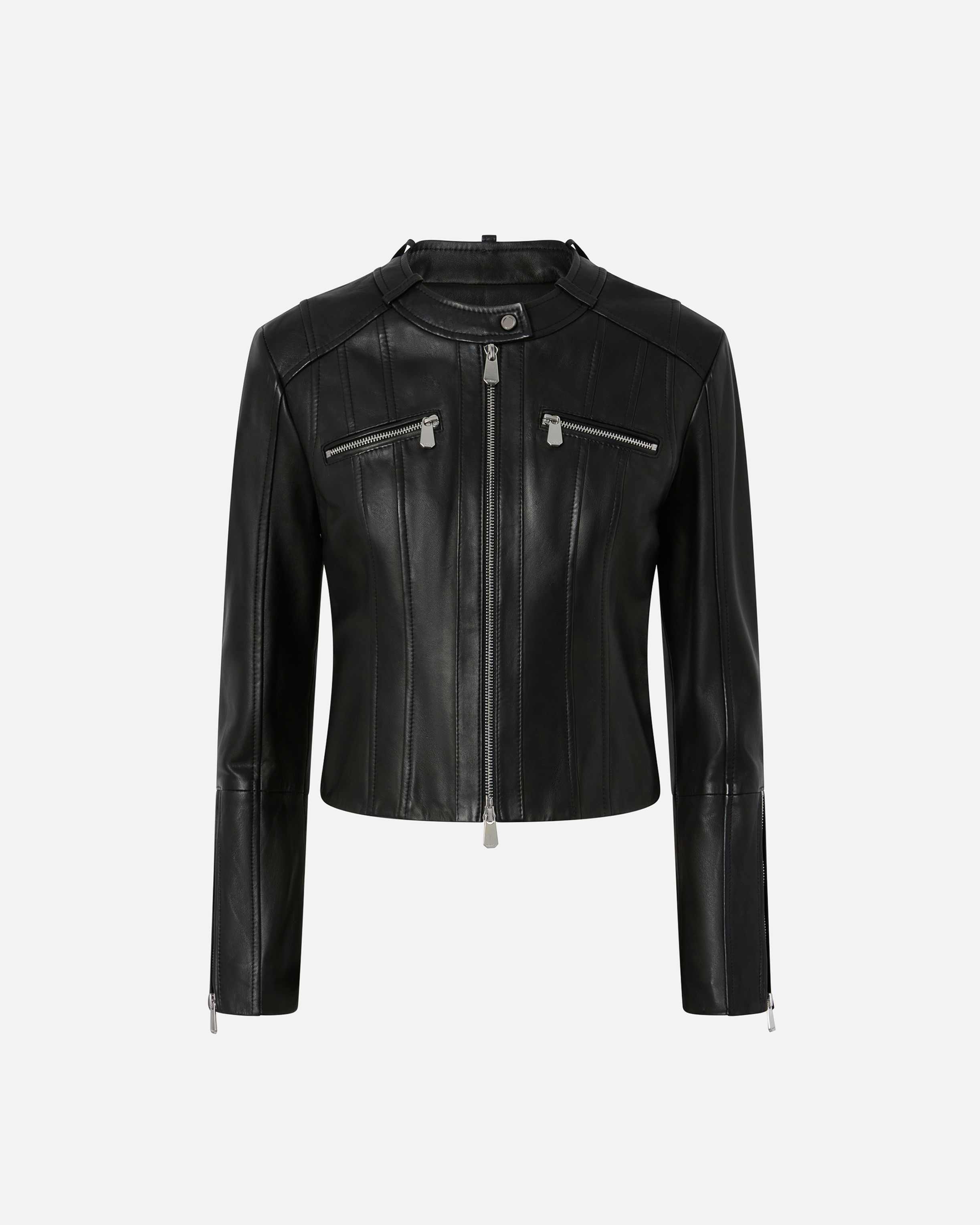 Pinko, Blouson de motard en cuir nappa avec surpiqûres verticales, Noir limousine, 36