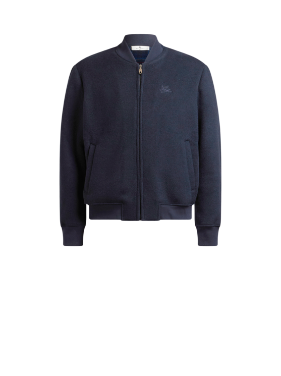 Etro, Bomber En Laine Mélangée Avec Broderie Pegaso, Homme, Bleu, Taille XS