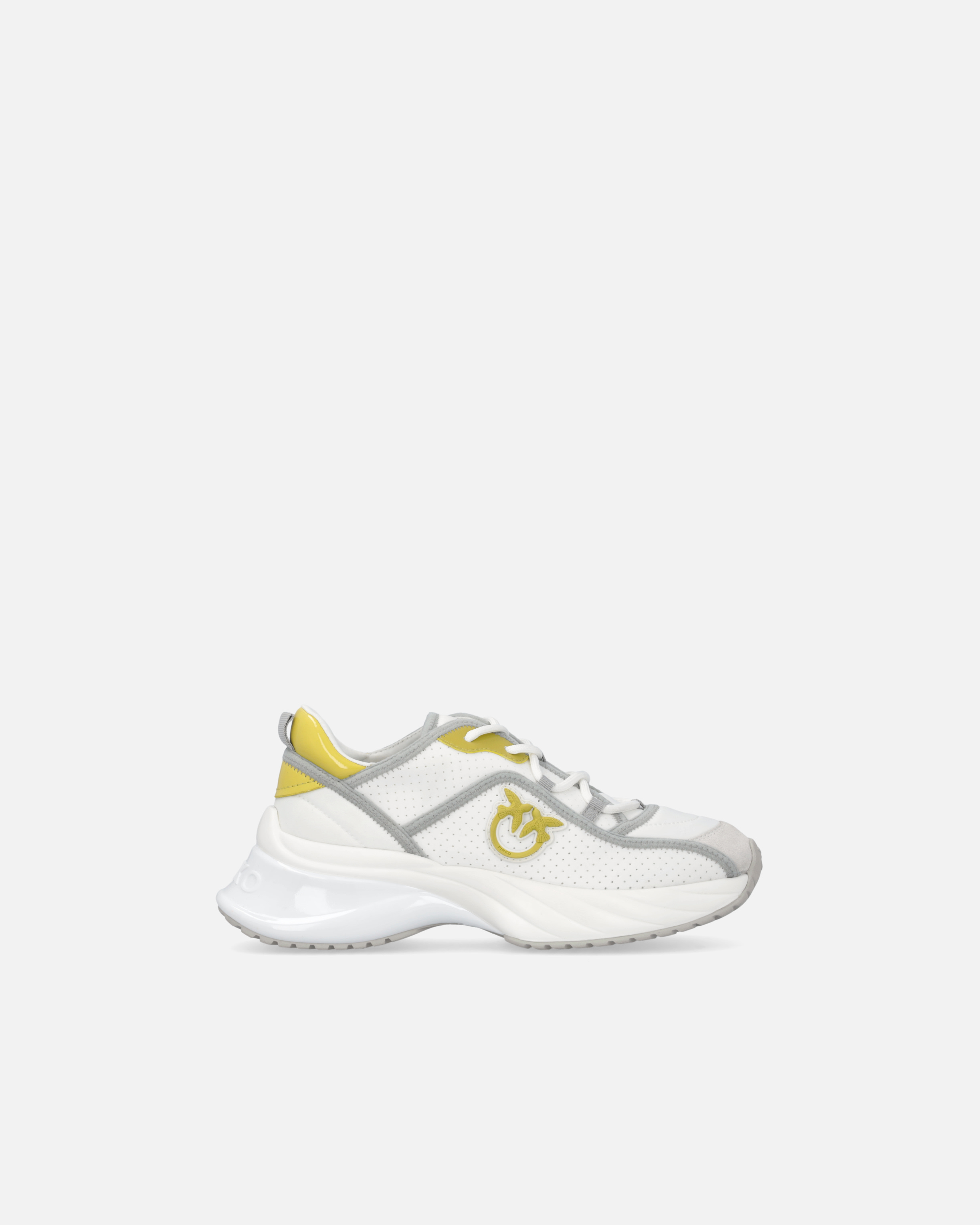 Pinko, Sneakers Ariel ajourées avec logo Love Birds, Blanc cassé/citron vert, 35