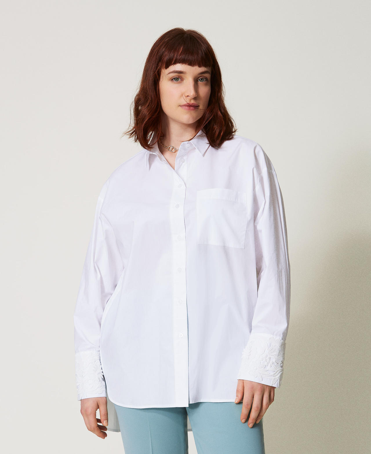 Twinset Chemises - Chemise oversize en popeline avec dentelle, Blanc, Taille: 44