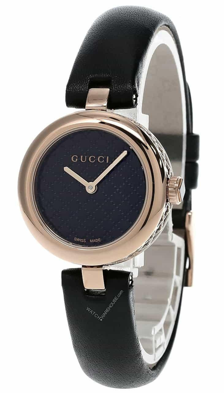 GUCCI Diamantissima SM Pink PVD Gold Black LTHR Women's Watch YA141501