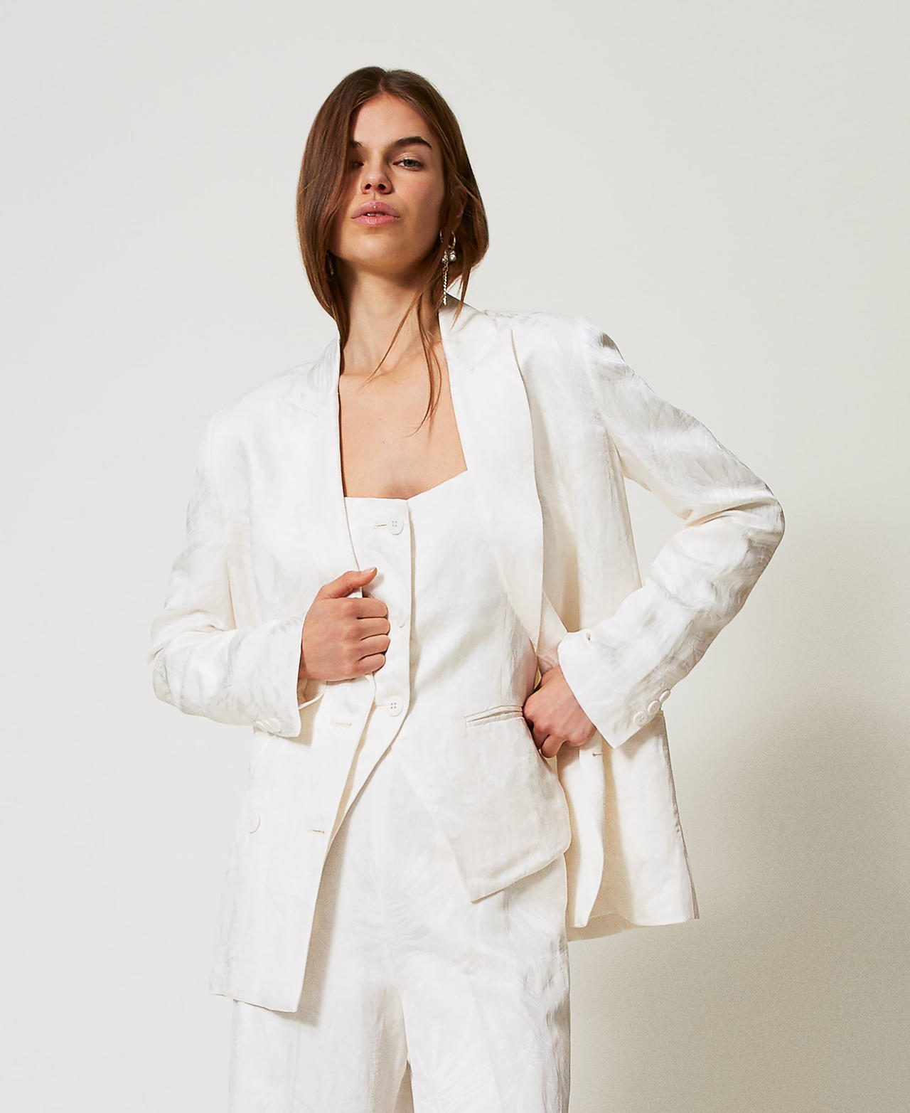 Twinset Blousons et manteaux - Blazer en satin jacquard, Blanc Neige, Taille: 40