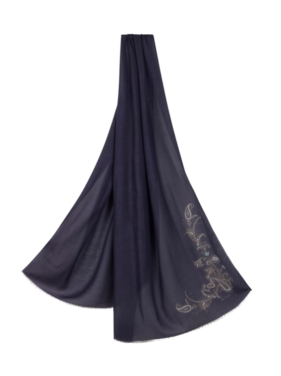 Etro, Écharpe En Cachemire Mélangé À Imprimé Placé, Homme, Bleu