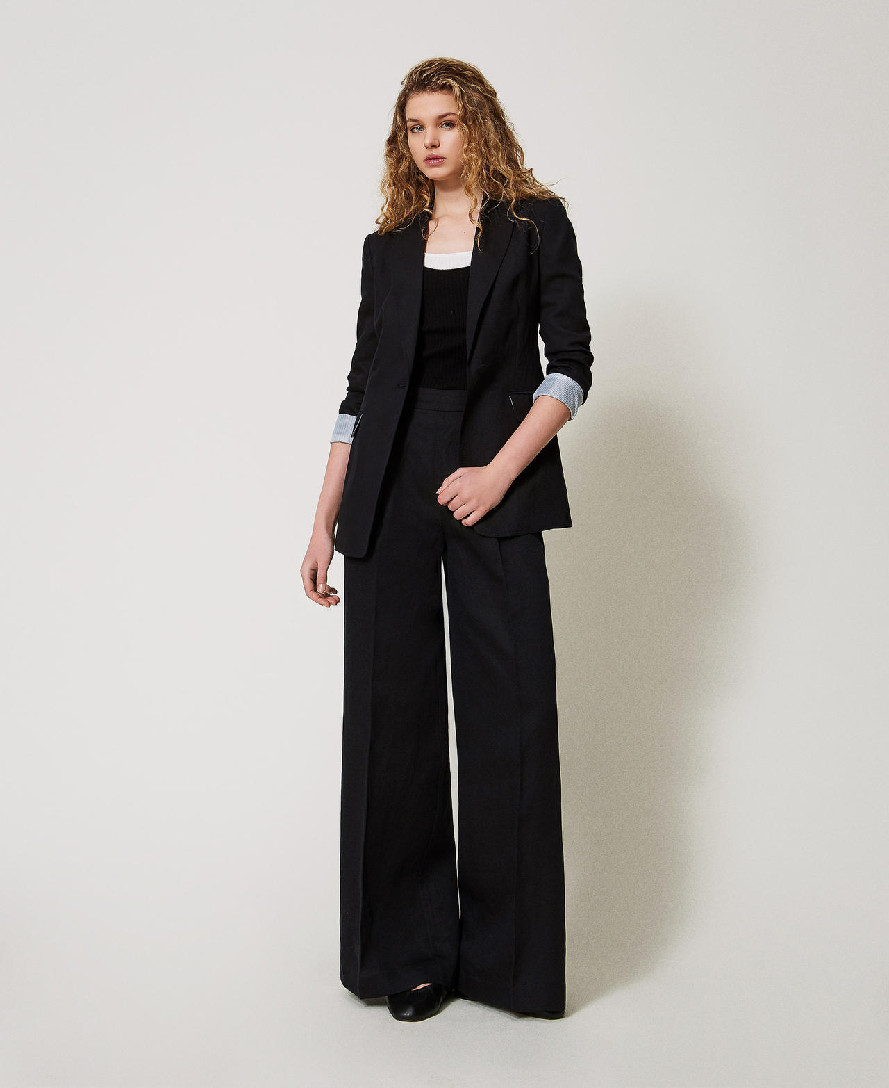Twinset Pantalons - Pantalon palazzo en lin mélangé, Noir, Taille: 42