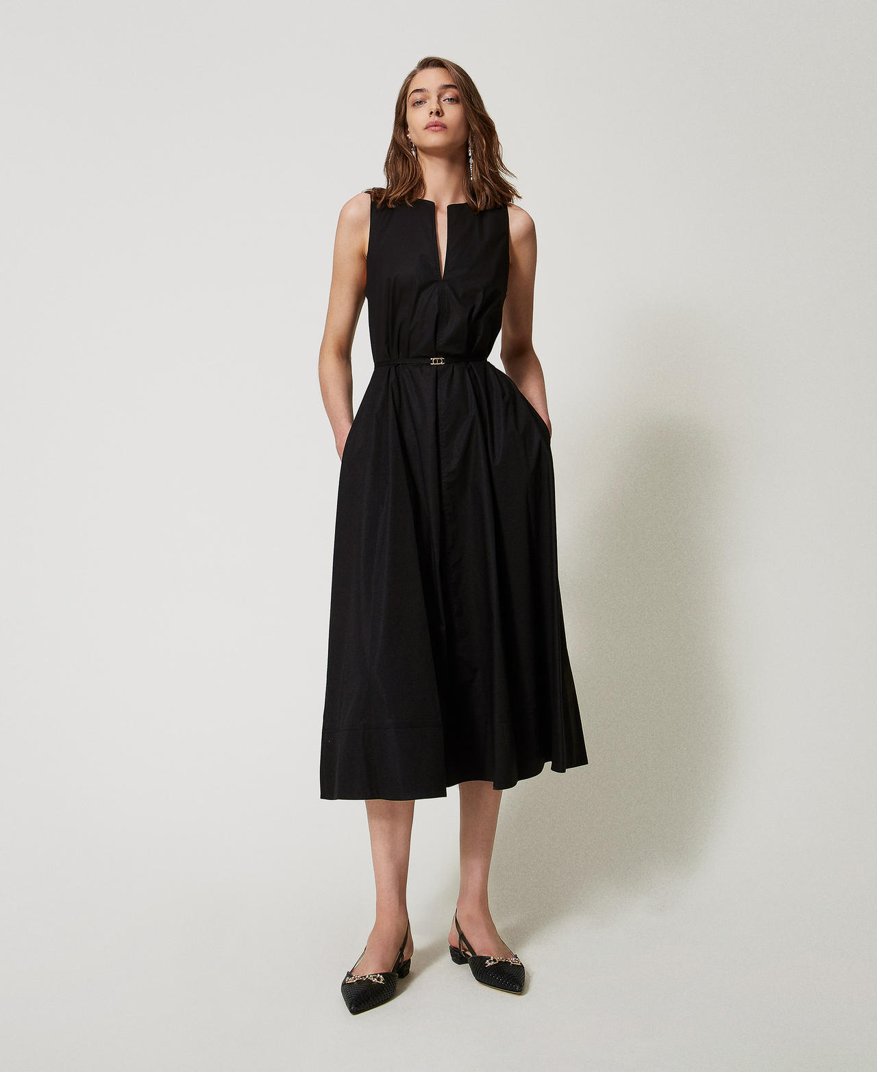 Twinset Robes - Robe longue sans manches en popeline, Noir, Coton, Taille: 40