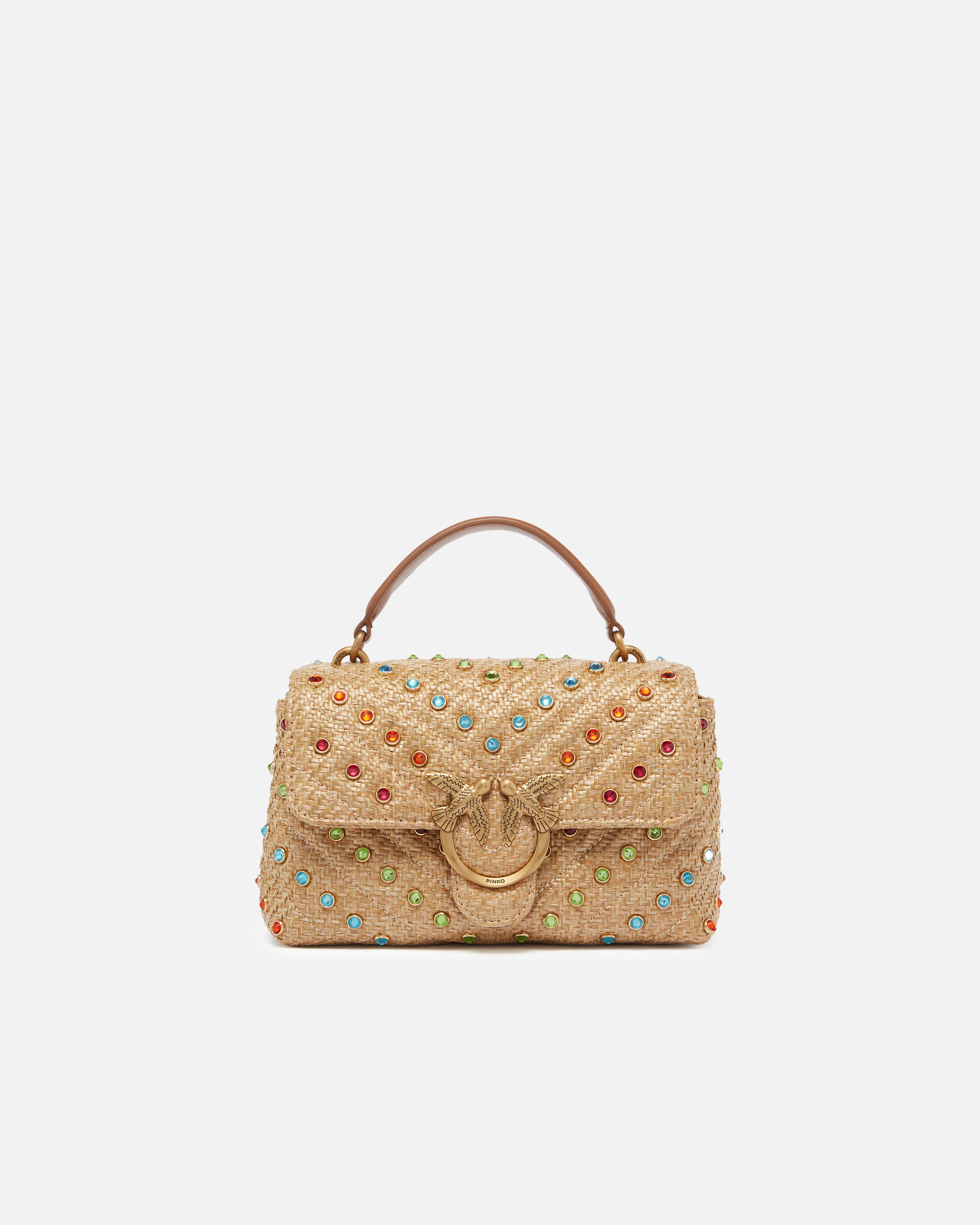 Pinko, Petit sac à main Lady Love Bag Puff en raphia avec cristaux colorés, Beige-gris fumée-or antique, U