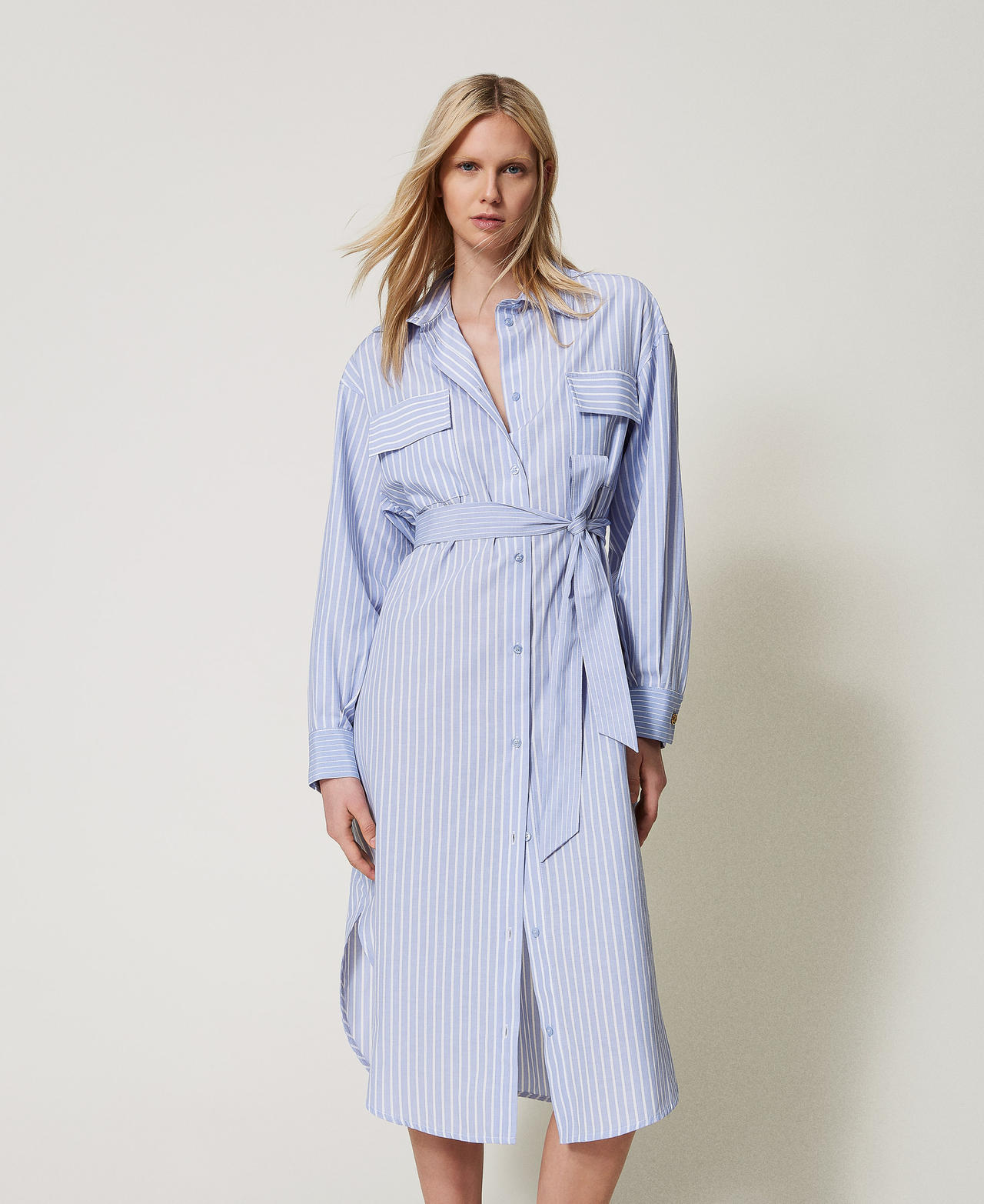 Twinset Robes - Robe midi rayée avec ceinture, Mélange Rayure Bâton, À rayures, Taille: 44