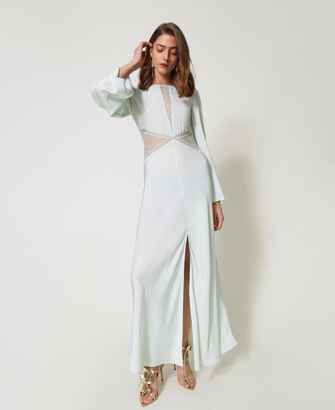 Twinset Robes - Robe longue en satin avec dentelle, Water Green, Taille: 38